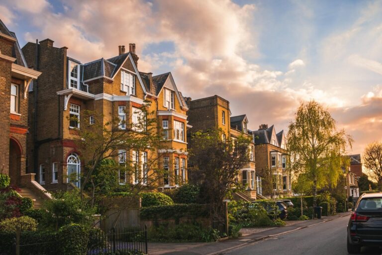 View of traditional residential street in  English town at sunset